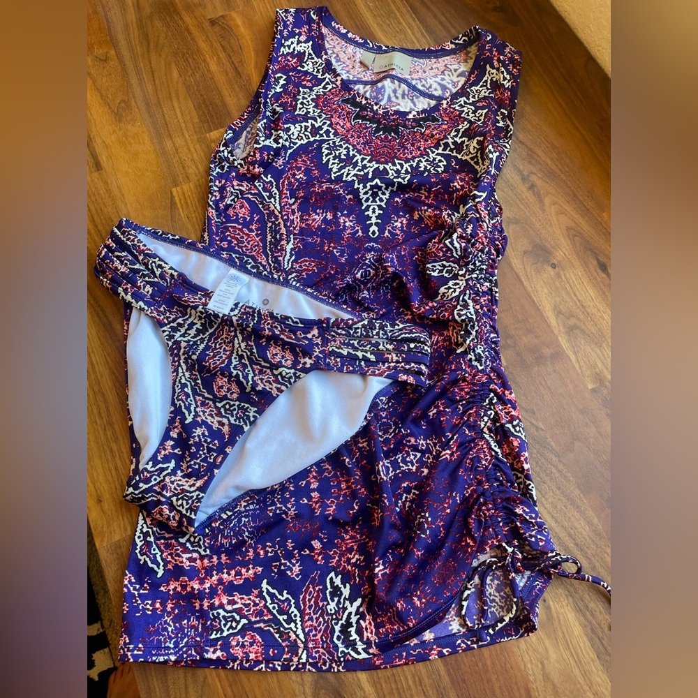 Athleta Rashguard aqualuxe print swim top and bikini bottom festival SPF 50 XS